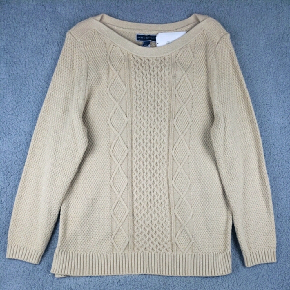 Karen Scott Women's Cable Knit Sweater Large Beige W/ Gold Accents NWT